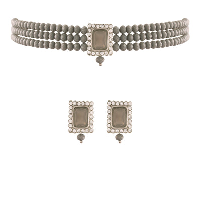 Women's  Rhodium Plated Grey Crystal Stone Beaded Choker Necklace Jewellery Set With Earrings  - i jewels
