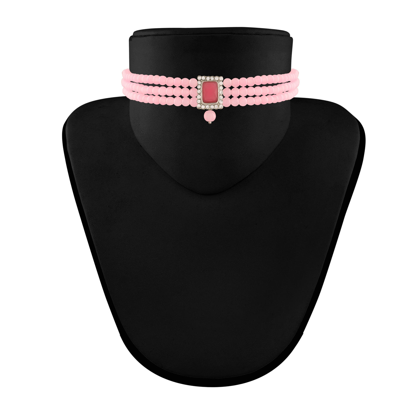 Women's  Rhodium Plated Pink Stone Studded Pearl Choker Necklace Jewellery Set With Earrings - i jewels