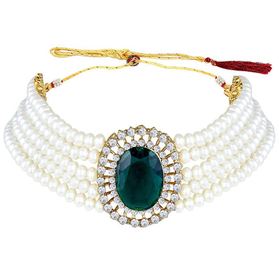 Women's Gold Plated Traditional Green Stone Studded Pearl Choker Necklace Jewellery Set  - I Jewels