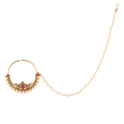 Women's gold plated ruby kundan studded nosering with pearl beaded chainnl38q - I Jewels