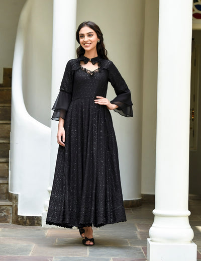 Lucknowi Chikenkari Black Embroidered Gown (1Pc) By SARAS THE LABEL