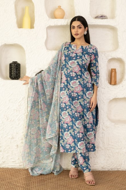 Women's Blue Cotton Floral Printed Kurta with Pant & Dupatta set by Saras The Label (3 Pc Set)