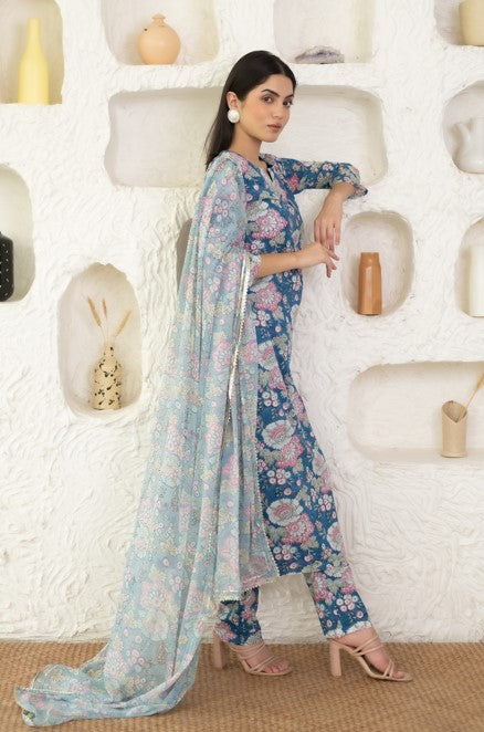 Women's Blue Cotton Floral Printed Kurta with Pant & Dupatta set by Saras The Label (3 Pc Set)