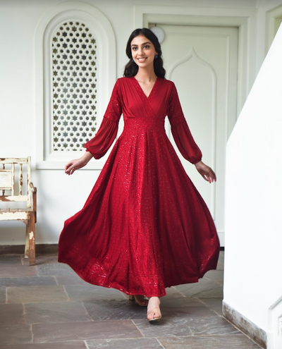 Embroidered Red Gown (1Pc) By SARAS THE LABEL