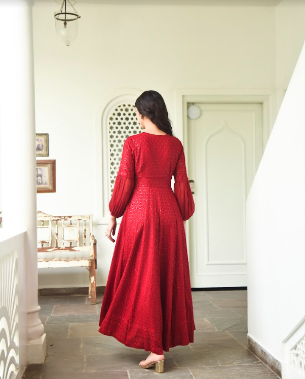 Embroidered Red Gown (1Pc) By SARAS THE LABEL