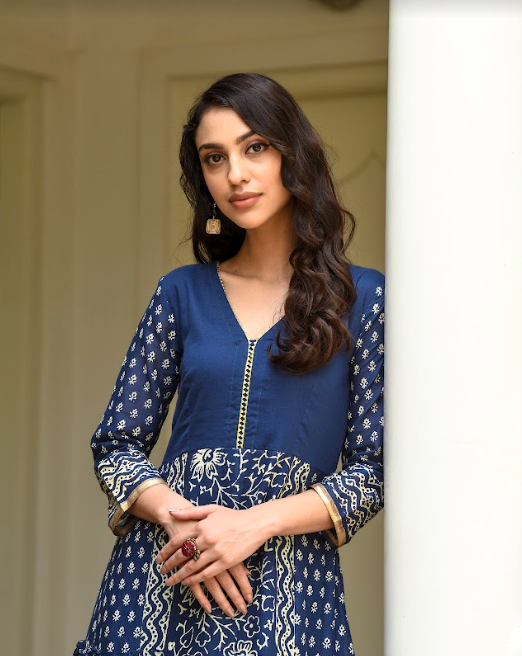 Navy Blue Hand Block Printed Gown (1Pc) By SARAS THE LABEL