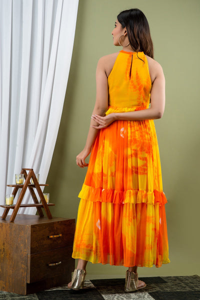 Women's Yellow and Orange Tie Dye Maxi Dress by SARAS THE LABEL (1 Pc Set)