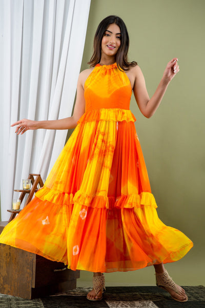 Women's Yellow and Orange Tie Dye Maxi Dress by SARAS THE LABEL (1 Pc Set)