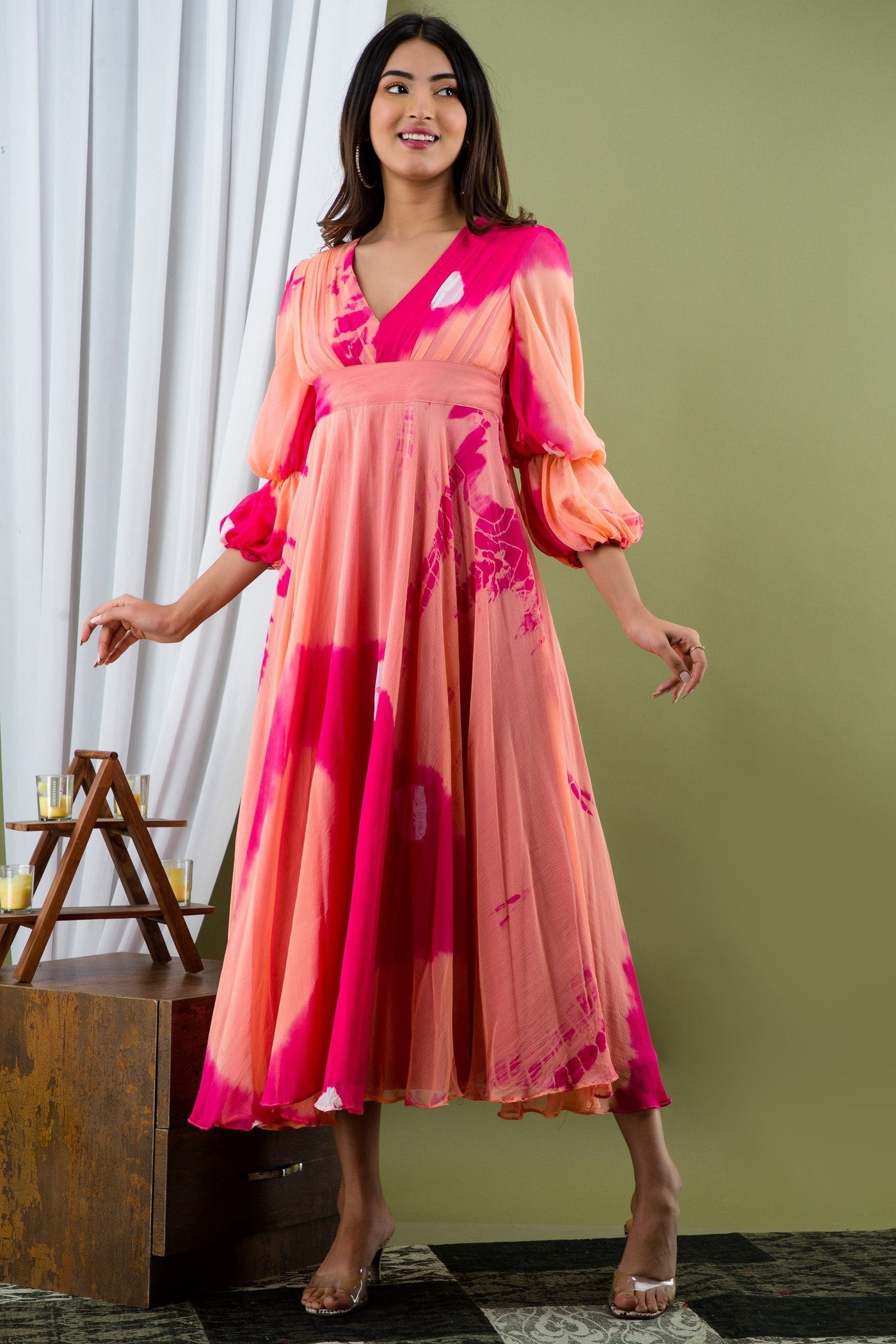 Women's Peach and Pink Tie Dye A-Line Fit and Flare Maxi Dress by SARAS THE LABEL (1 Pc Set)