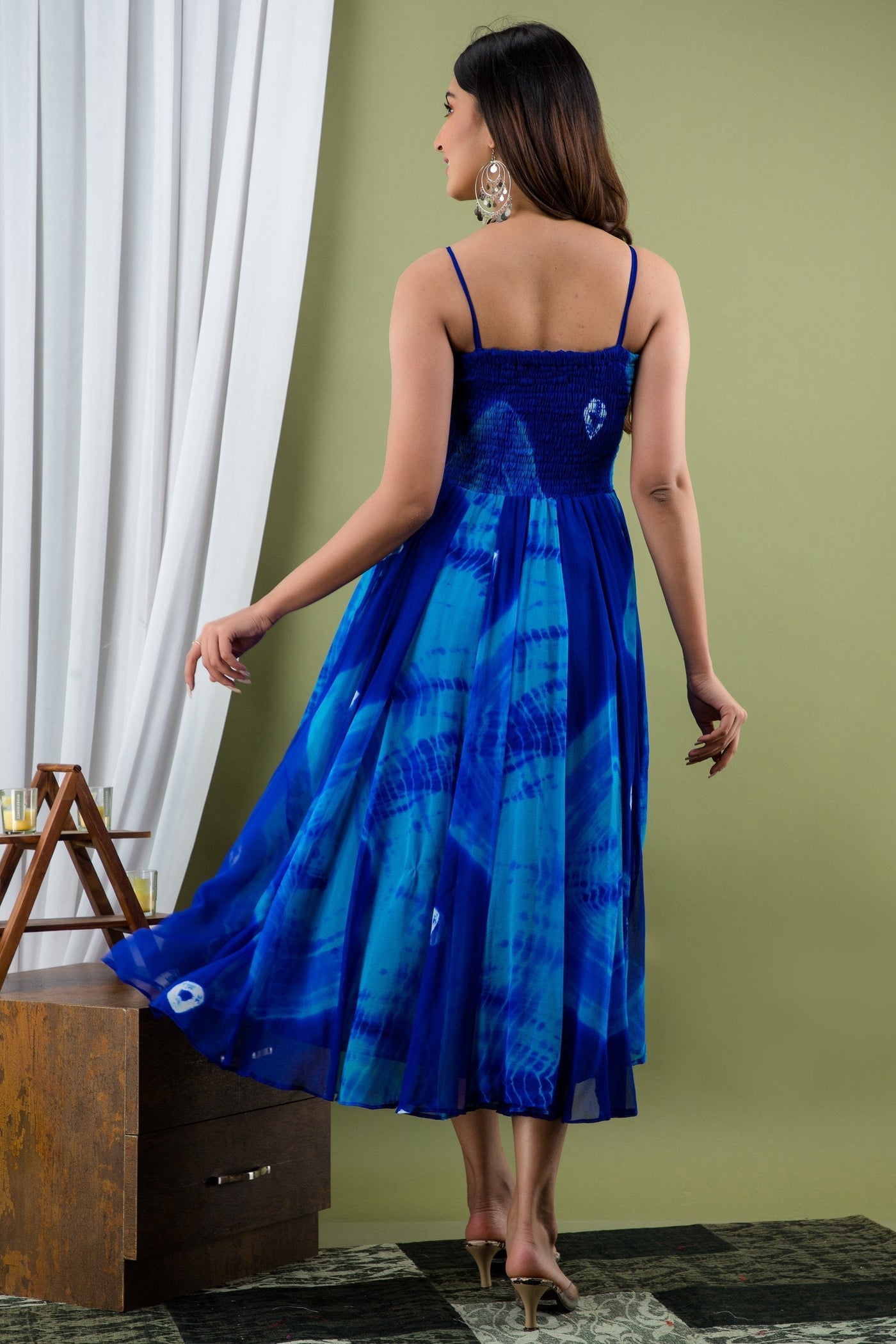 Women's Blue Tie Dye Midi Dress by SARAS THE LABEL (1 Pc Set)