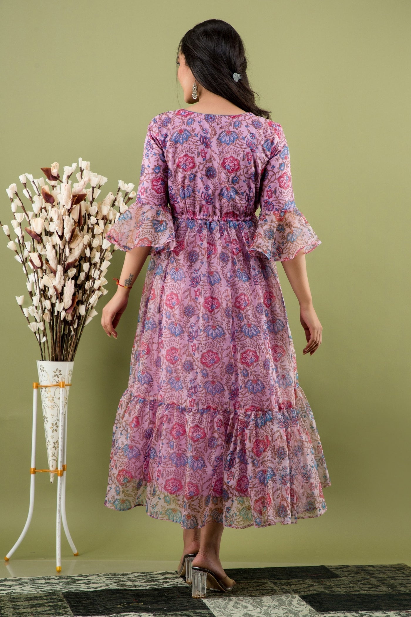 Women's Purple Floral Midi Dress by SARAS THE LABEL (1 Pc Set)