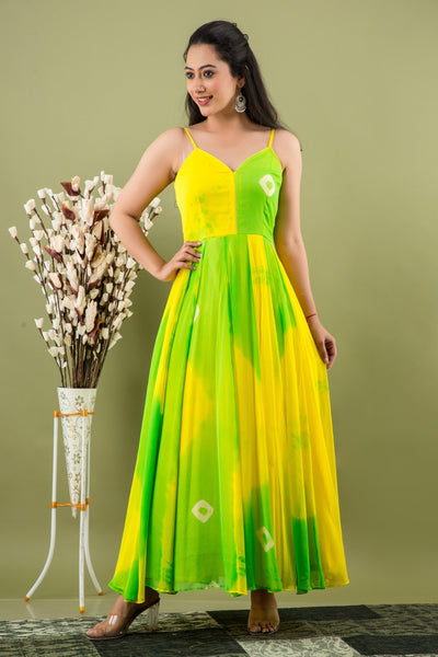 Women's Yellow and Green Tie Dye A-Line Maxi Dress by SARAS THE LABEL (1 Pc Set)
