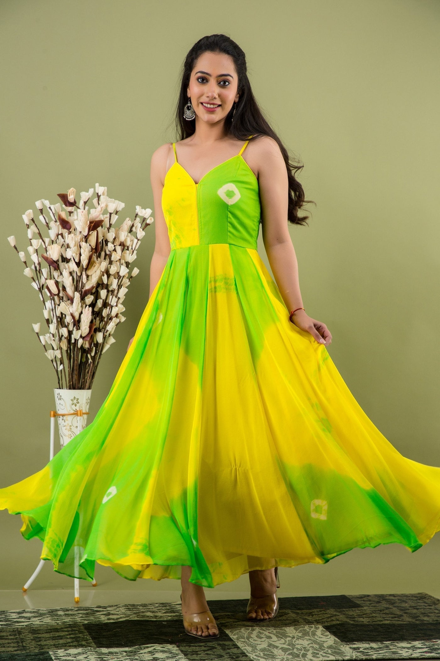 Women's Yellow and Green Tie Dye A-Line Maxi Dress by SARAS THE LABEL (1 Pc Set)
