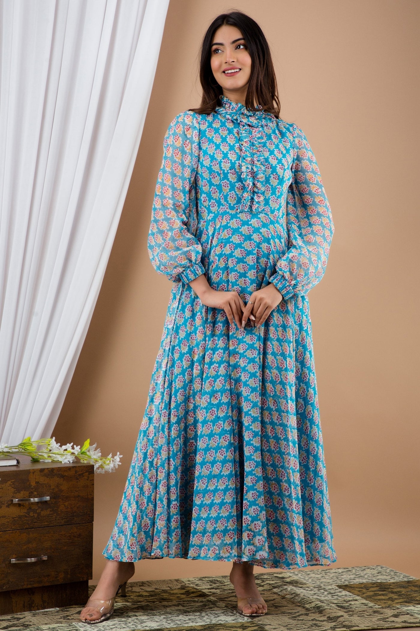 Women's Blue Chiffon Floral  Maxi Dress by SARAS THE LABEL ( 1 Pc Set)