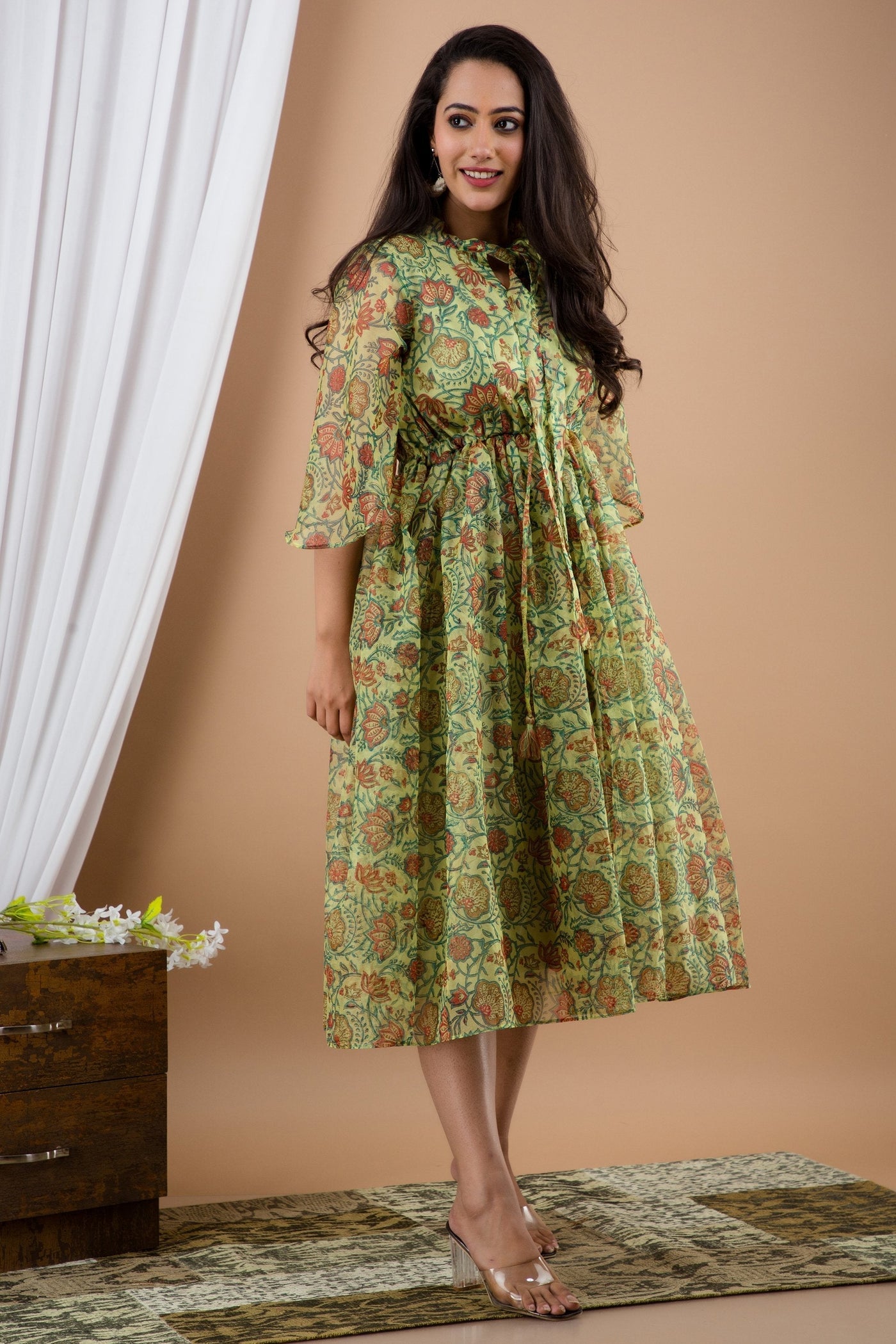 Women's Green Floral Printed Midi Dress by SARAS THE LABEL (1 Pc Set)