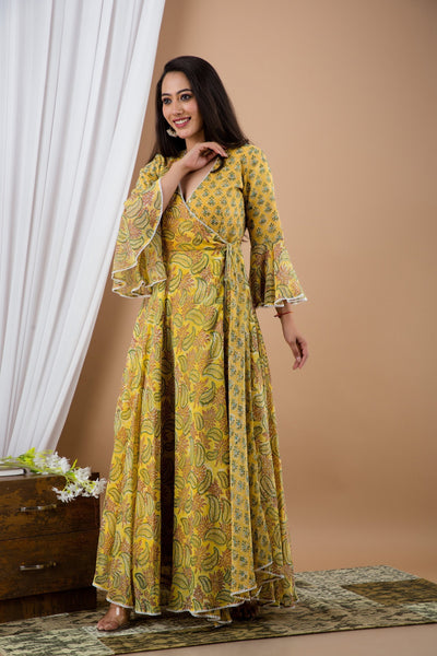Women's Yellow Chiffon Floral Wrap around Maxi Dress - SARAS THE LABEL (1 Pc Set)