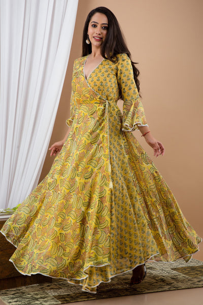 Women's Yellow Chiffon Floral Wrap around Maxi Dress - SARAS THE LABEL (1 Pc Set)