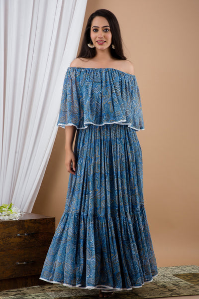 Women's Blue Off Shoulder Printed Maxi Dress by SARAS THE LABEL (1 Pc Set)