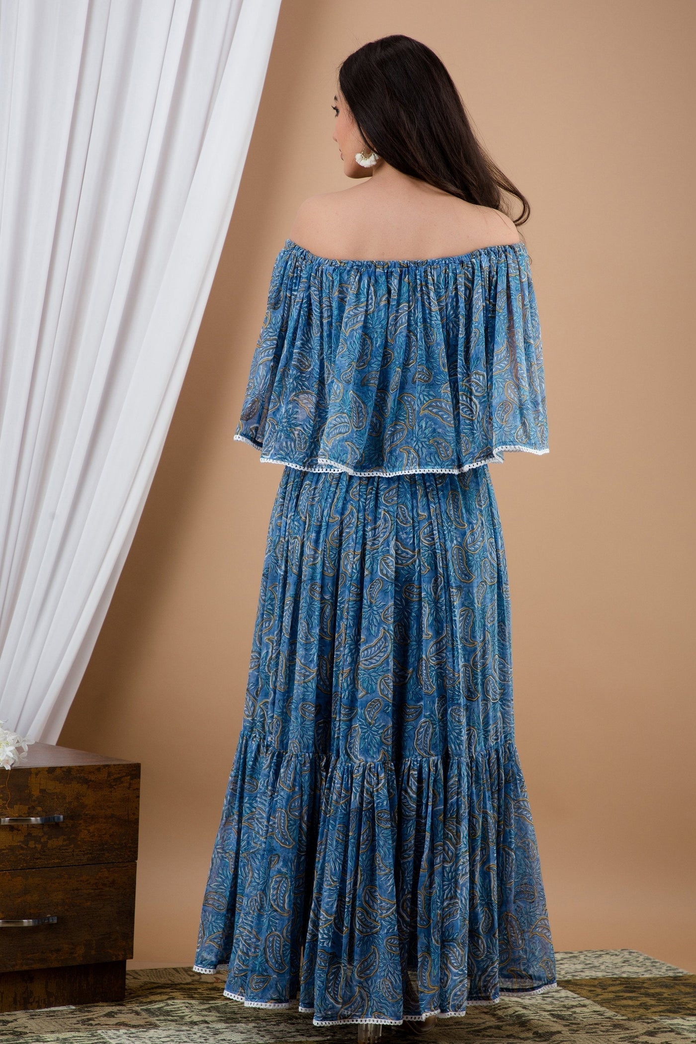 Women's Blue Off Shoulder Printed Maxi Dress by SARAS THE LABEL (1 Pc Set)