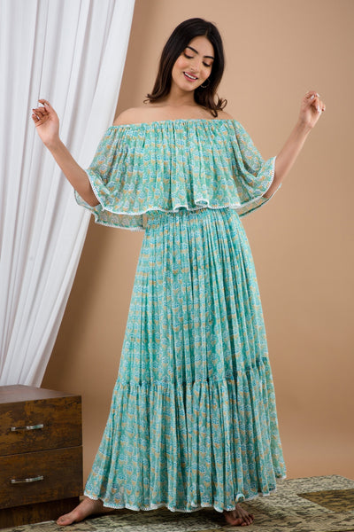 Women's Sea Green Off Shoulder Maxi Dress by SARAS THE LABEL (1 Pc Set)