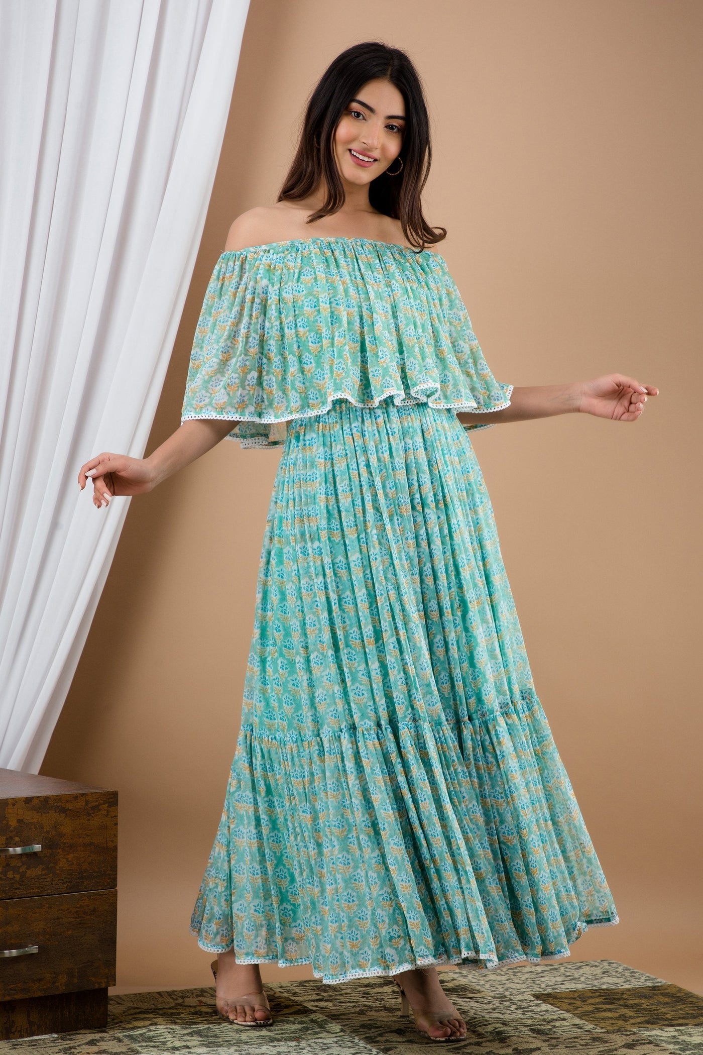 Women's Sea Green Off Shoulder Maxi Dress by SARAS THE LABEL (1 Pc Set)