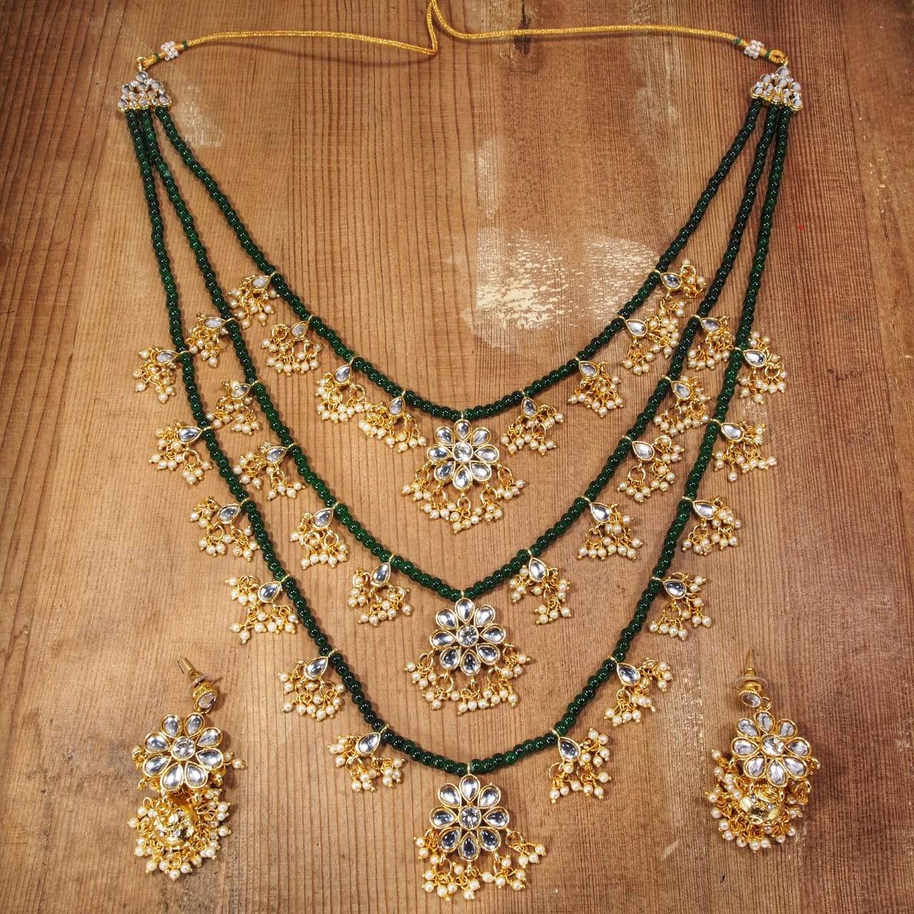 Women's 3 Layered Multi Strand Floral Green Kundan & Pearl Beaded Necklace - i jewels