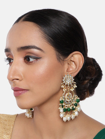 Women's  Gold Plated Green Handcrafted Pearl Kundan Beaded Chandbali Earrings  - i jewels