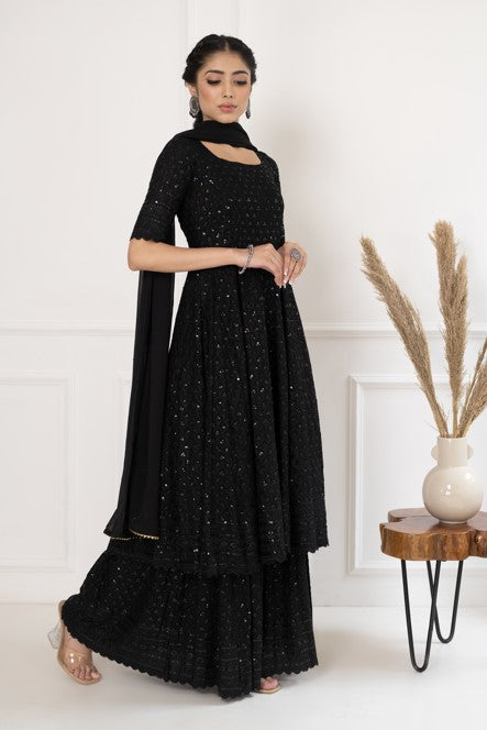 Women's Black Embroidered Kurta With Palazzo and Dupatta set by SARAS THE LABEL- (3pcs set)