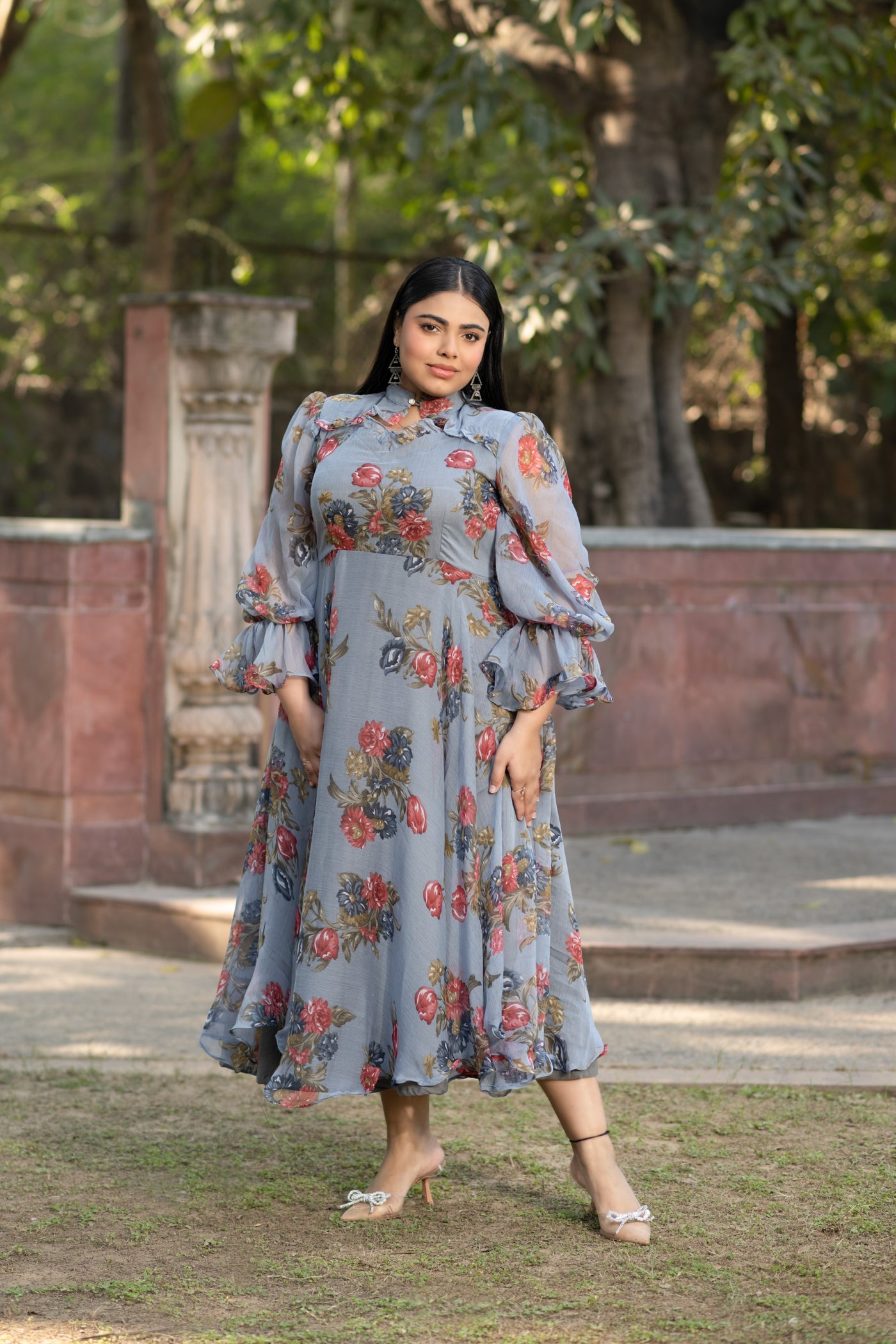 Grey Maxi dress floral - 1pc set By SARAS THE LABEL