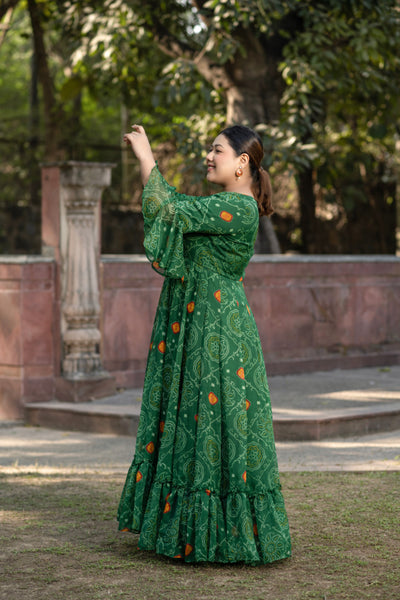 Women's Green Bandhani Print Gown by Saras The Label (1 Pc Set)