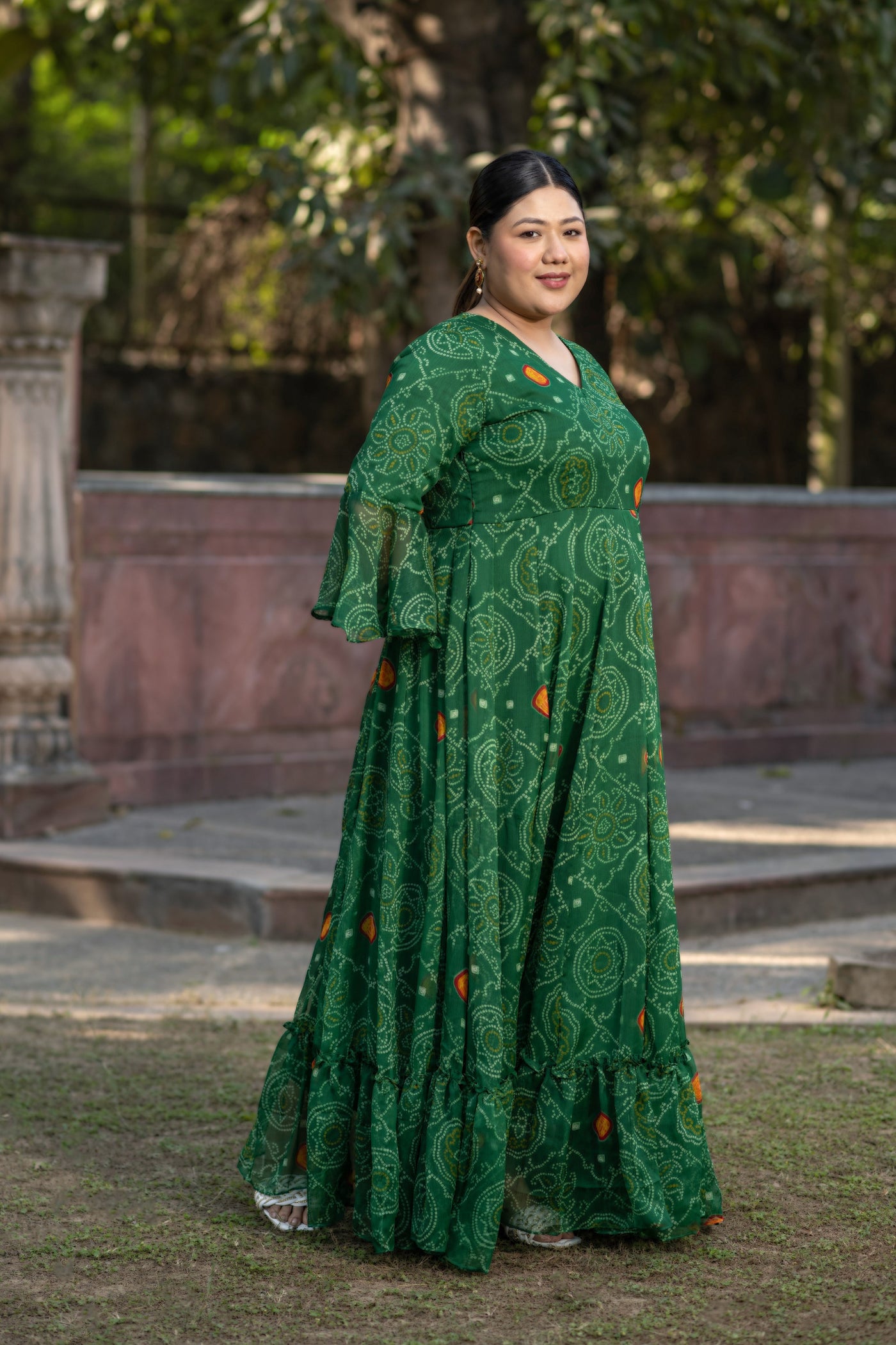 Women's Green Bandhani Print Gown by Saras The Label (1 Pc Set)