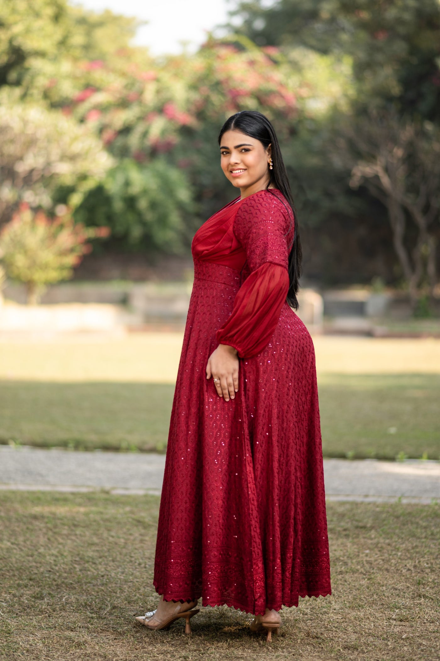 Embroidered Red Gown By SARAS THE LABEL- 1pc