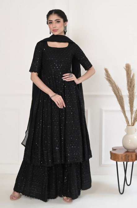 Women's Black Embroidered Kurta With Palazzo and Dupatta set by SARAS THE LABEL- (3pcs set)