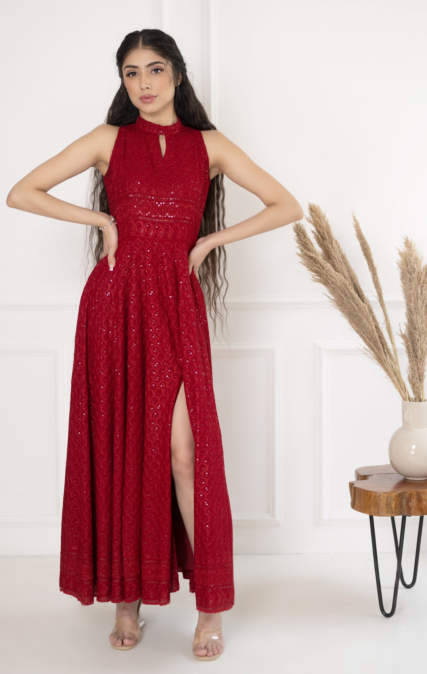Women's Red Sequin & Chikankari work Gown by Saras The Label ( 1 Pc Set )