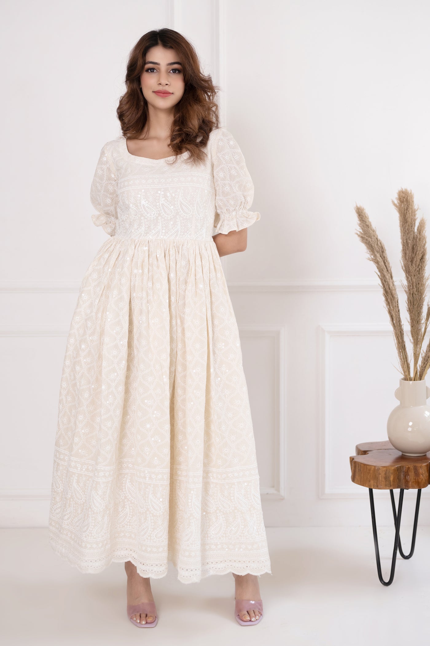 Women's White Sequin & Chikankari Work Maxi Dress by Saras The Label ( 1 Pc Set )