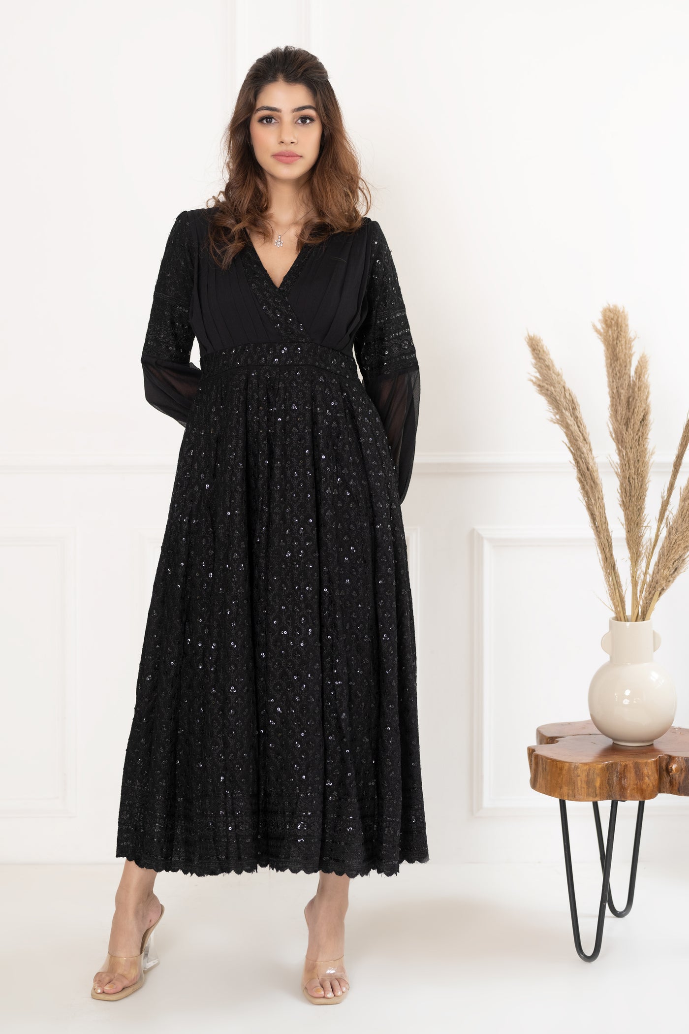 Women's Black Sequin & Chikankari Midi Dress by Saras The Label ( 1 Pc Set)