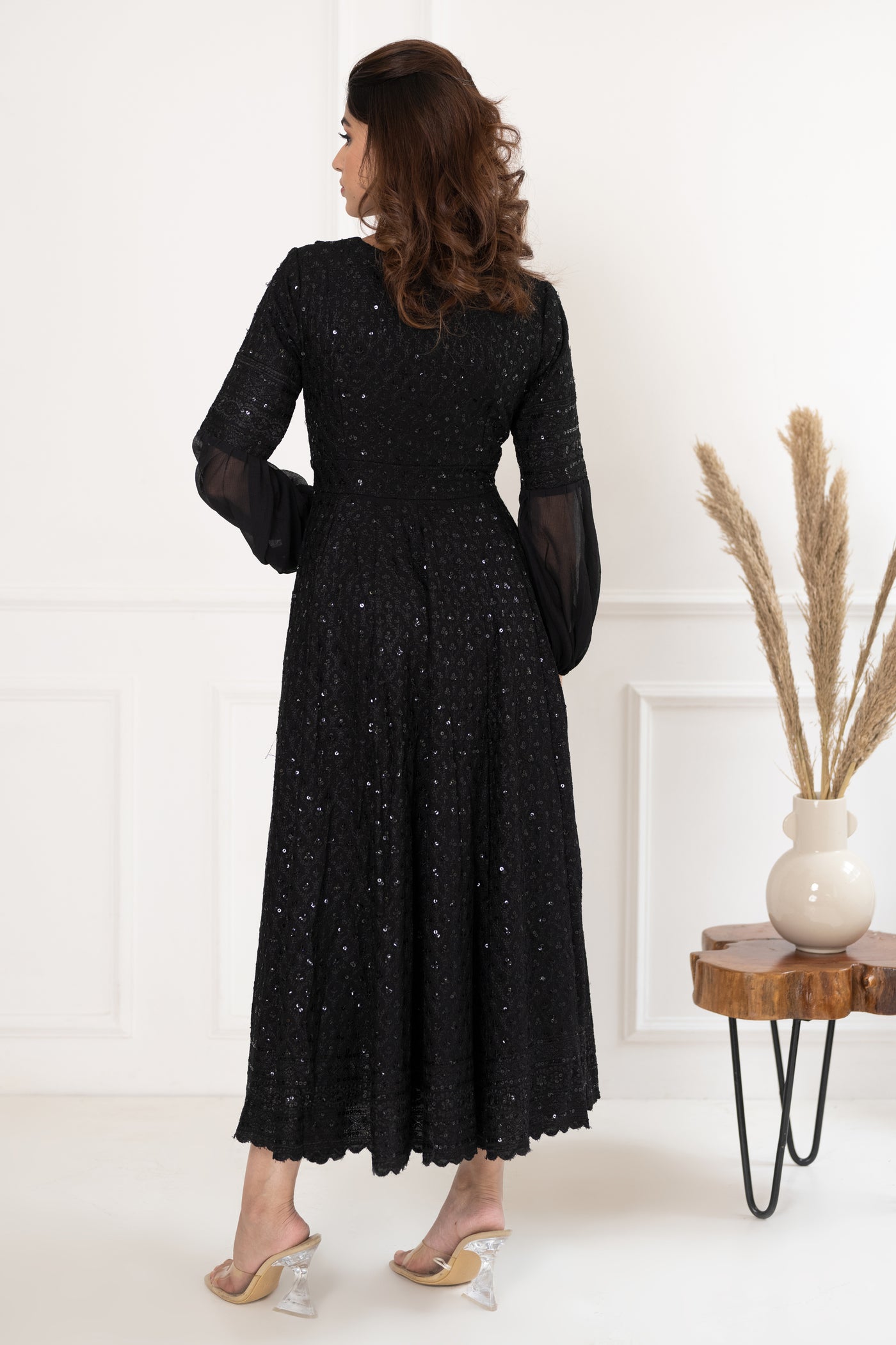 Women's Black Sequin & Chikankari Midi Dress by Saras The Label ( 1 Pc Set)