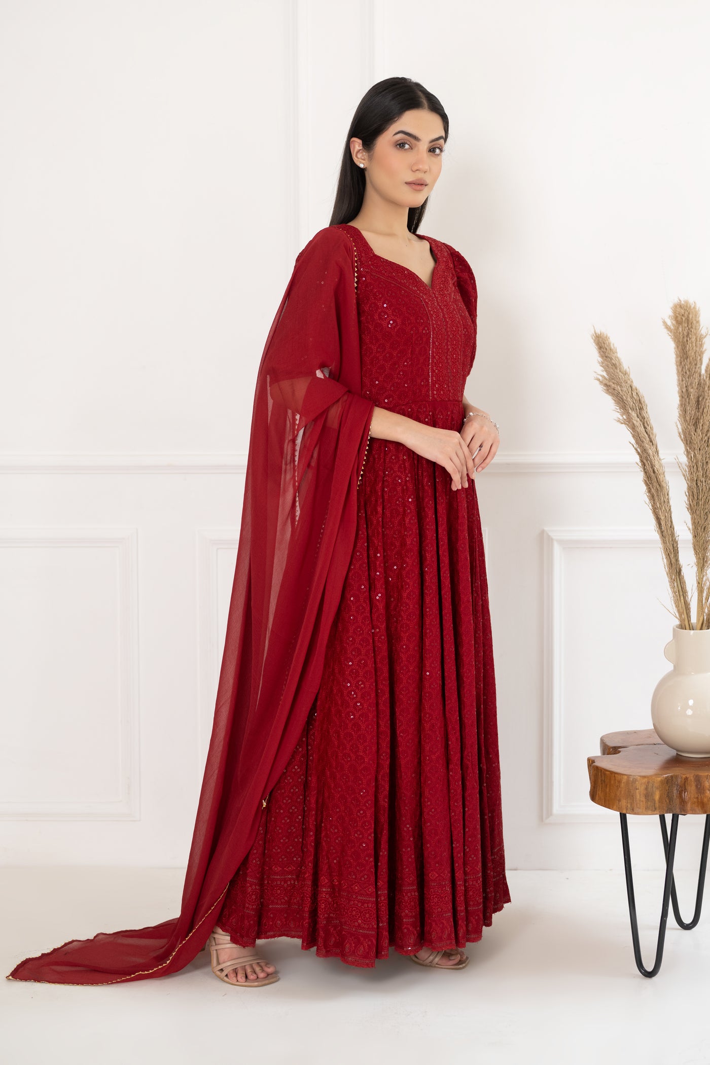 Women's Red Sequin Embroidered Dress with Dupatta by Saras The Label (2 Pc Set)
