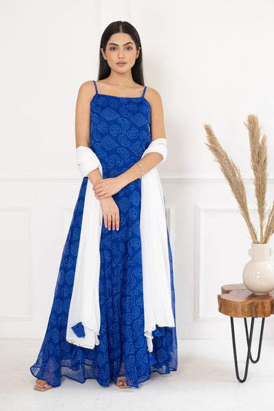 Women's Blue Bandhej Maxi Dress With Dupatta by SARAS THE LABEL- (2pcs set)