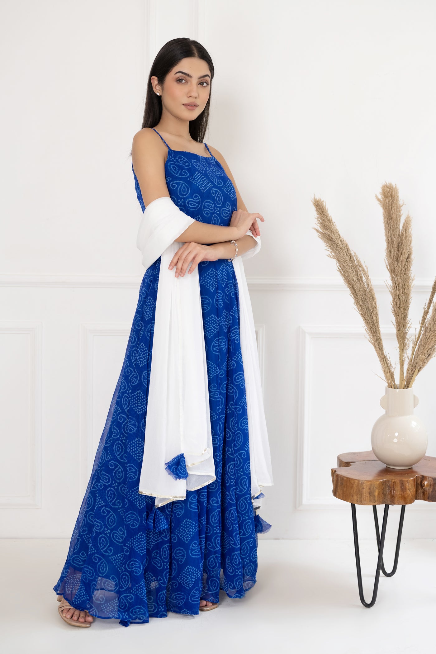Women's Blue Bandhej Maxi Dress With Dupatta by SARAS THE LABEL- (2pcs set)